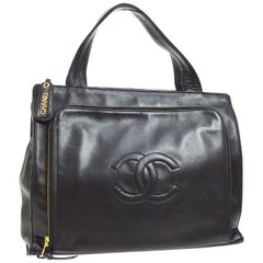 Chanel Black Leather Gold Top Handle Satchel Carryall Business Travel Tote Bag