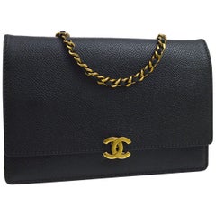 Vintage Chanel Black Leather Gold Wallet on Chain WOC Evening Shoulder Flap Bag