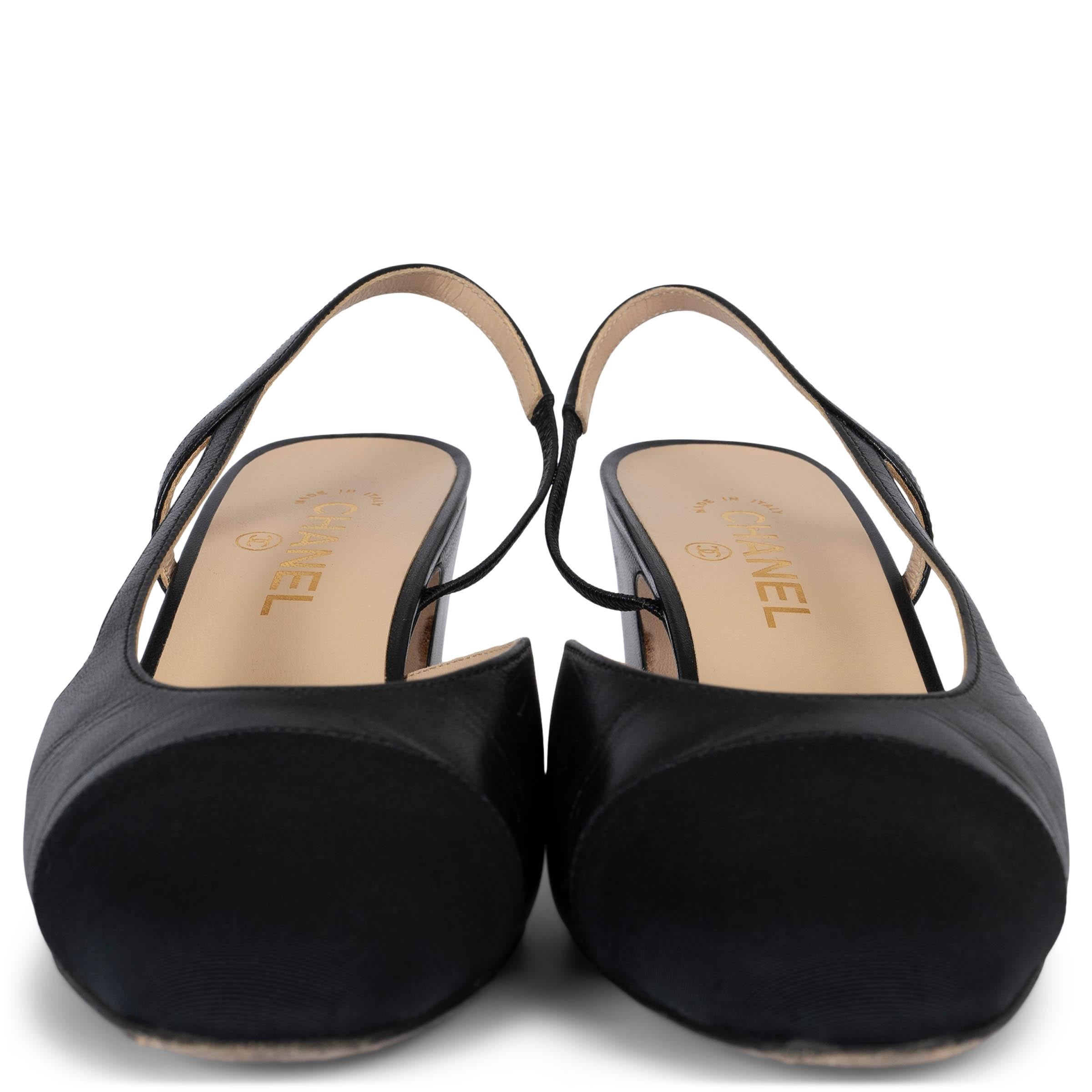 These 100% authentic Chanel slingback heels feature premium black goatskin leather with a contrasting black grosgrain cap toe, offering a timeless and sophisticated look. Designed with an elastic strap for a comfortable fit, these heels include a