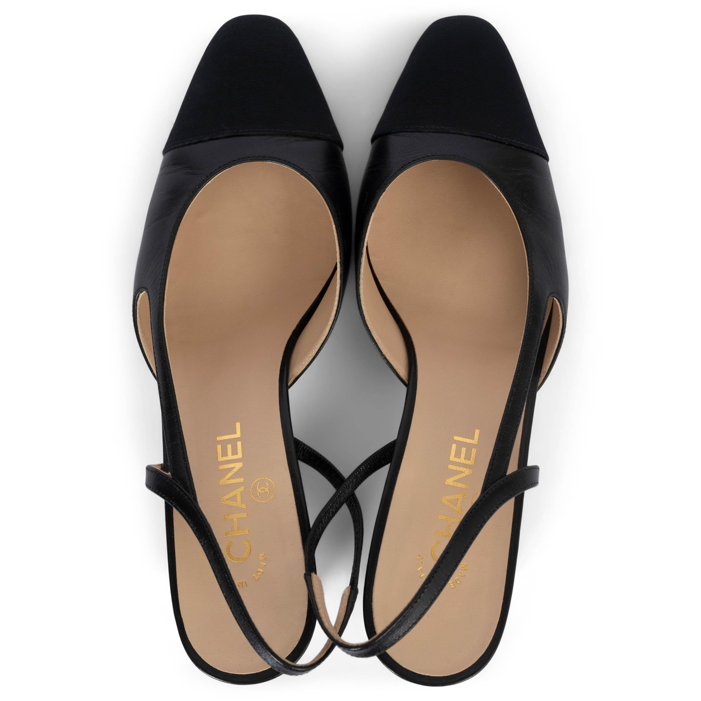 CHANEL black leather & grosgrain Slingbacks Shoes 41.5 1