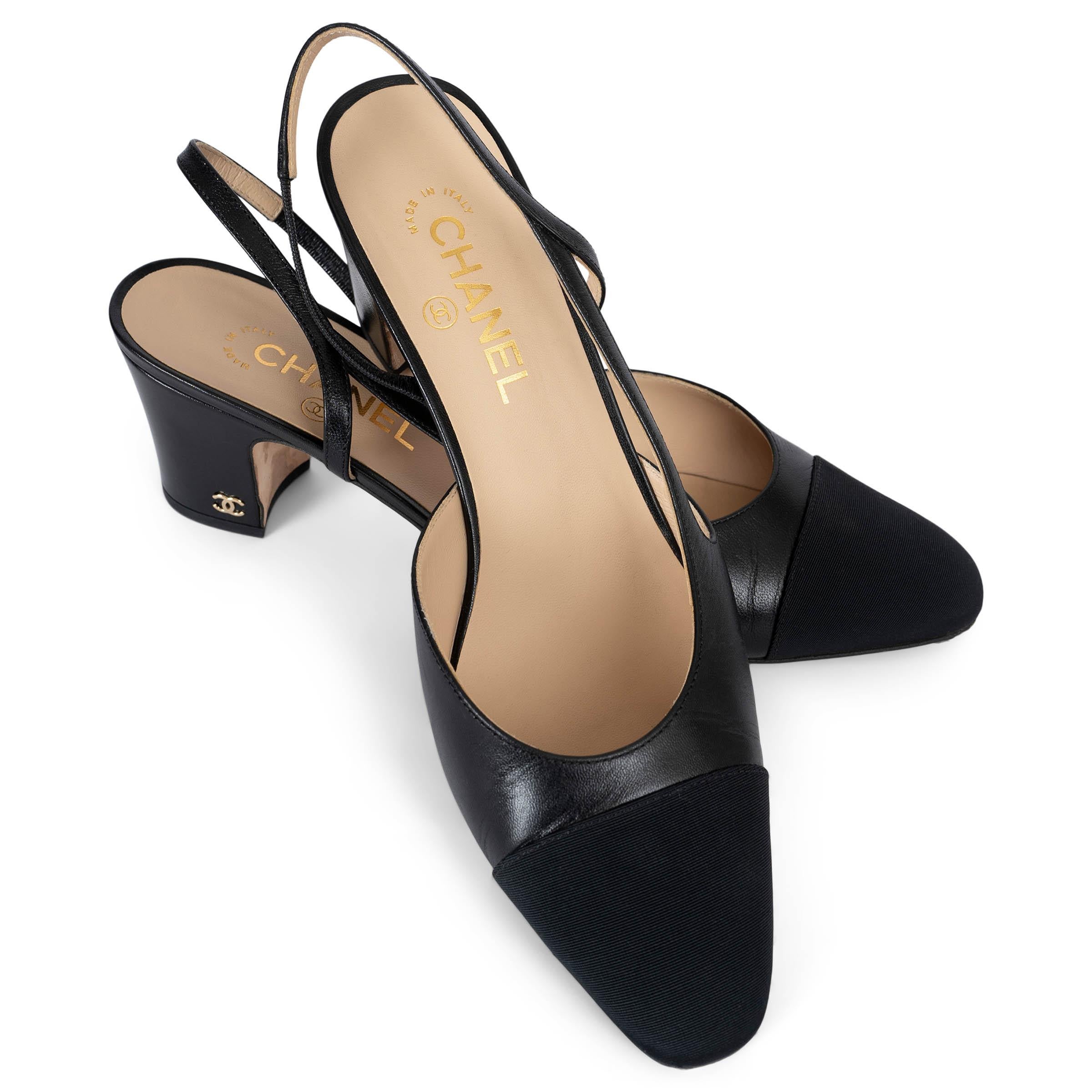CHANEL black leather & grosgrain Slingbacks Shoes 41.5 3