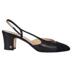 CHANEL black leather & grosgrain Slingbacks Shoes 41.5