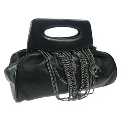 Chanel Black Leather Gunmetal Charm Evening Clutch Top Handle Satchel Bag 