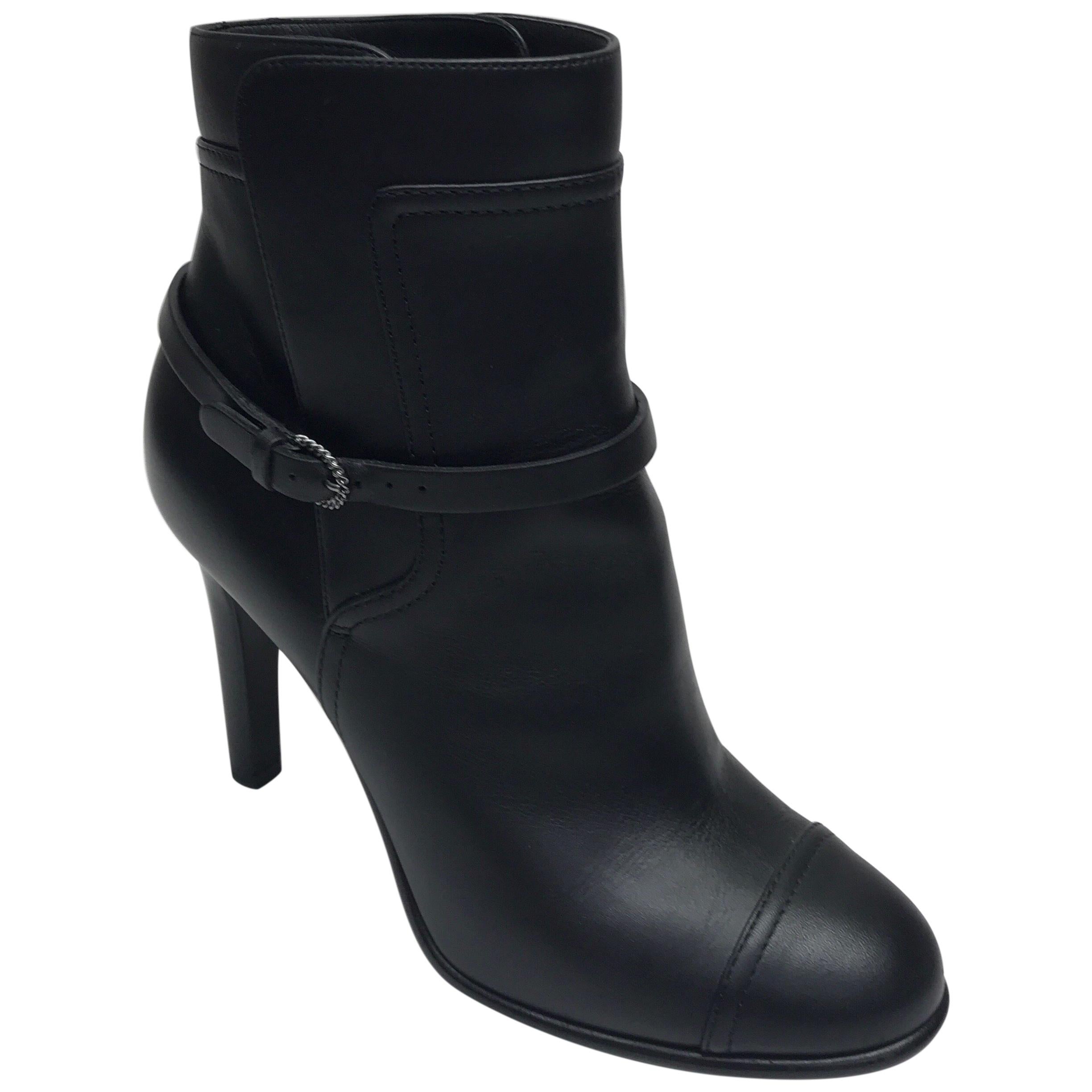 CHANEL Black Leather High Heel Ankle Boots -38