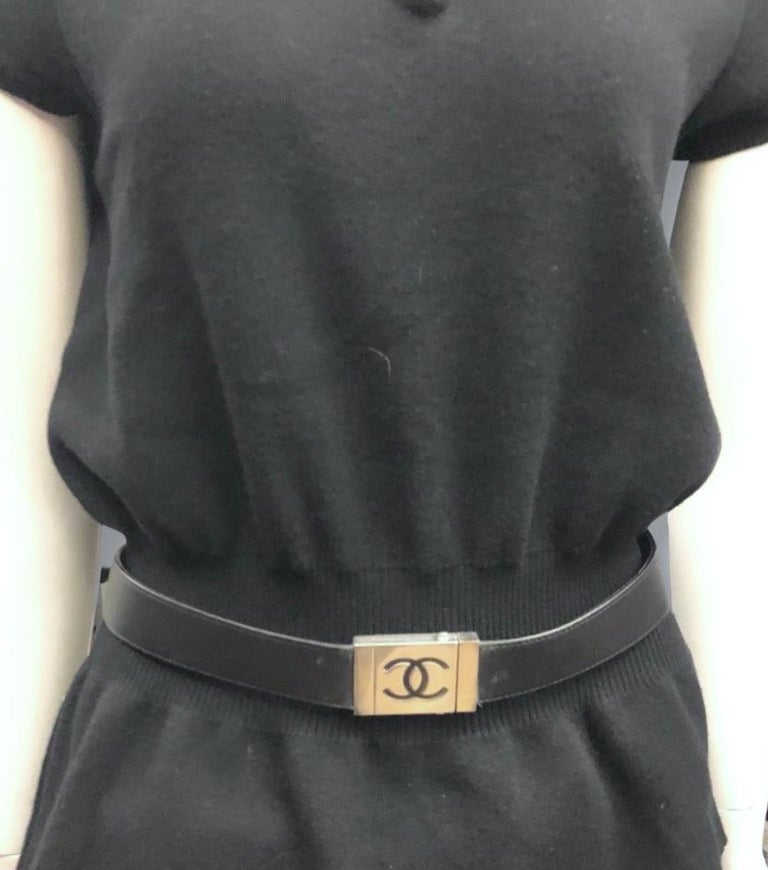 Chanel Black Leather In Silver Hardware CC Logo Buckle Belt  In Excellent Condition For Sale In Sheung Wan, HK