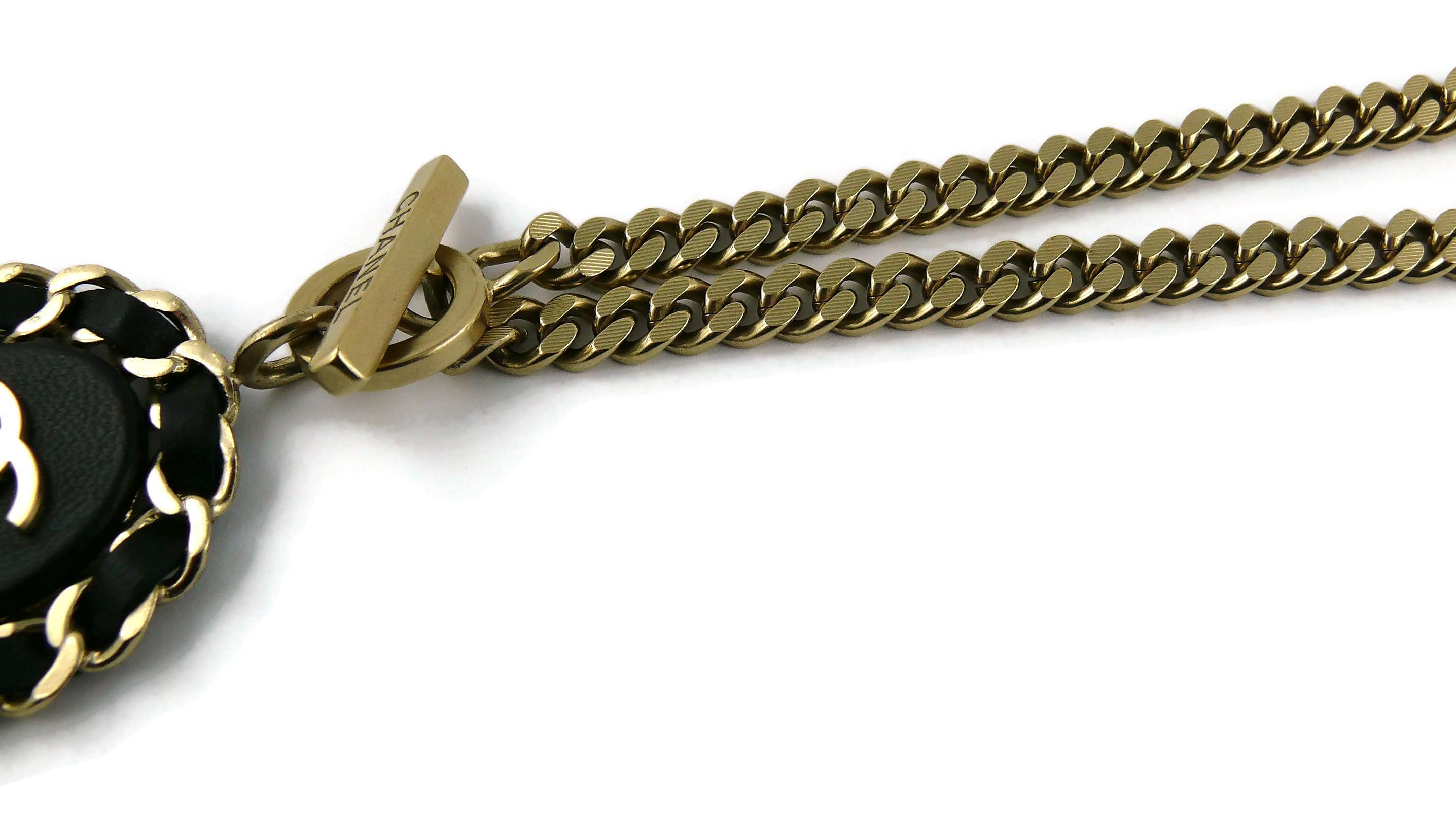 Chanel Black Leather Interlaced CC Medallion Pendant Chain Necklace  5