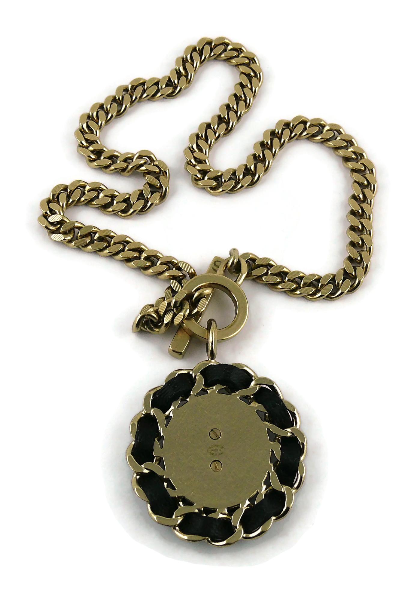 Chanel Black Leather Interlaced CC Medallion Pendant Chain Necklace  8