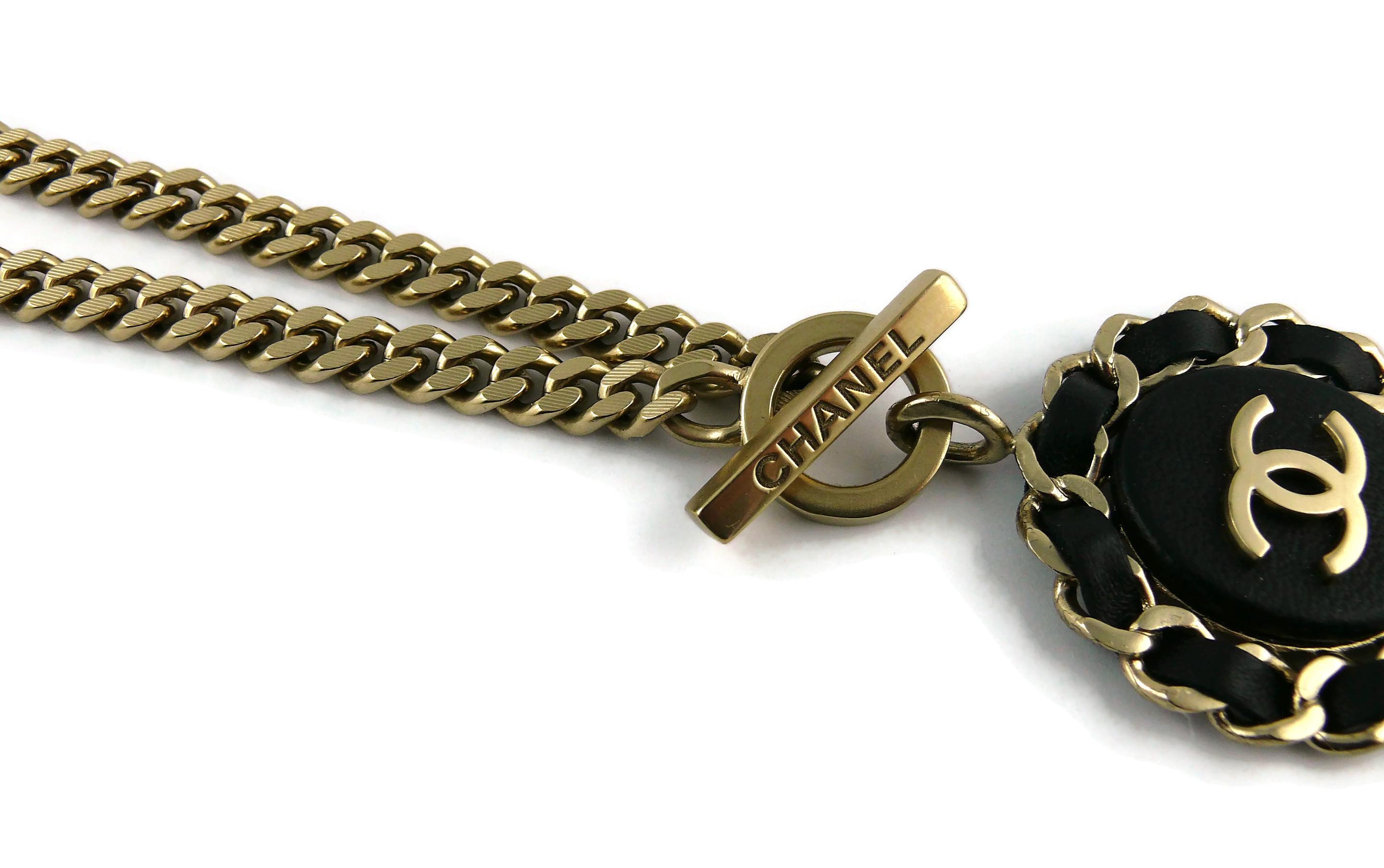 Chanel Black Leather Interlaced CC Medallion Pendant Chain Necklace  1