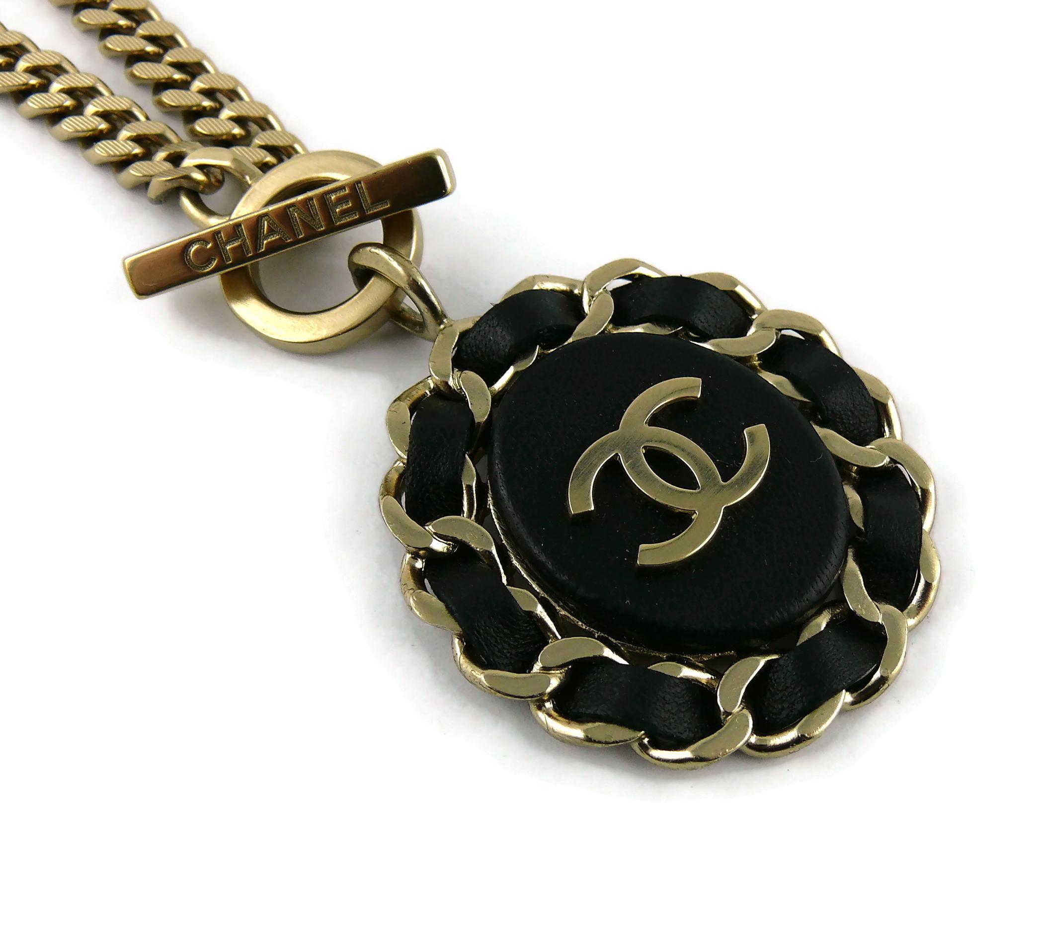 Chanel Black Leather Interlaced CC Medallion Pendant Chain Necklace  2