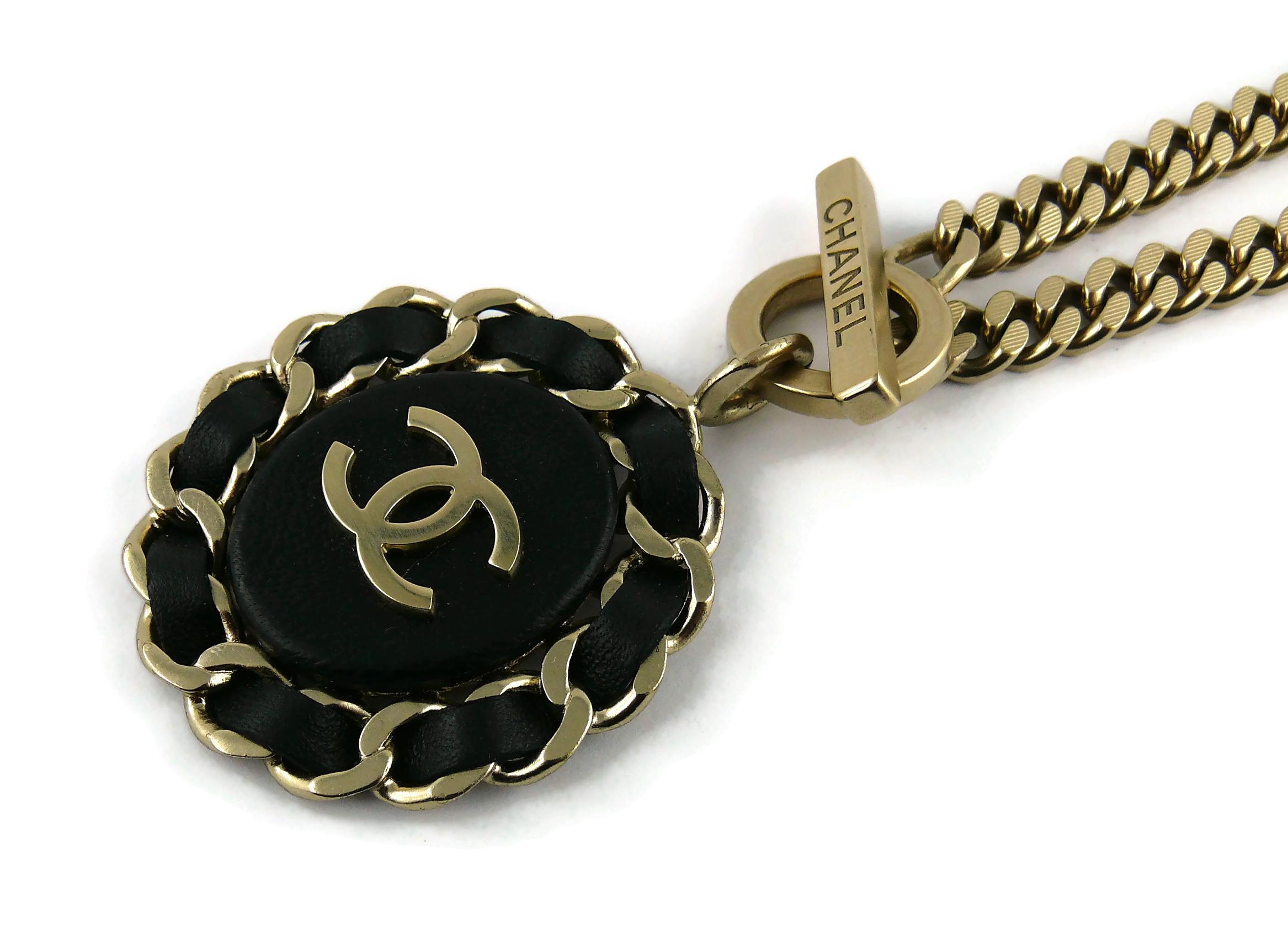 Chanel Black Leather Interlaced CC Medallion Pendant Chain Necklace  3
