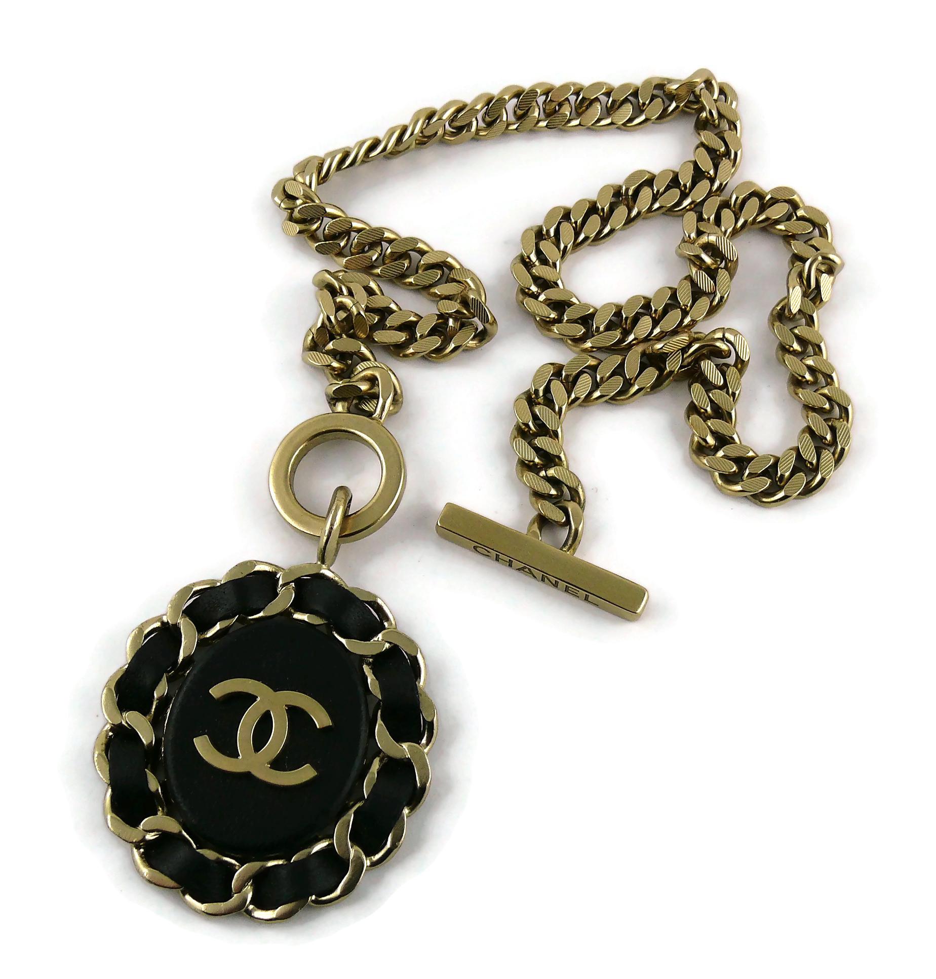 Chanel Black Leather Interlaced CC Medallion Pendant Chain Necklace  4