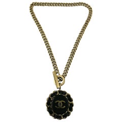 Chanel Black Leather Interlaced CC Medallion Pendant Chain Necklace 