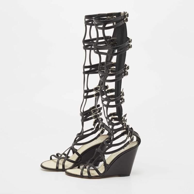 Women's Chanel Black Leather Interlocking CC Logo Gladiator Sandals Size 37.5