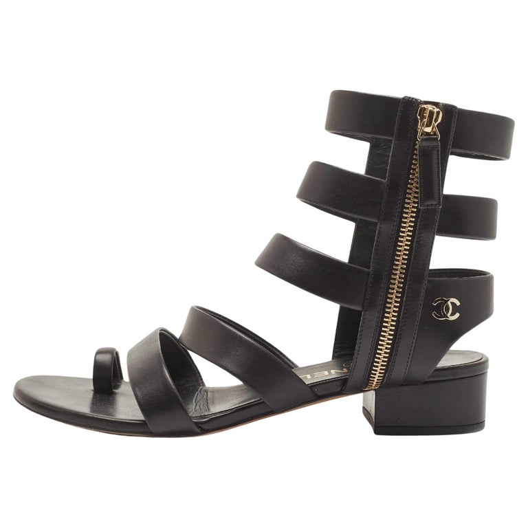 Chanel Black Leather Interlocking CC Logo Gladiator Sandals Size