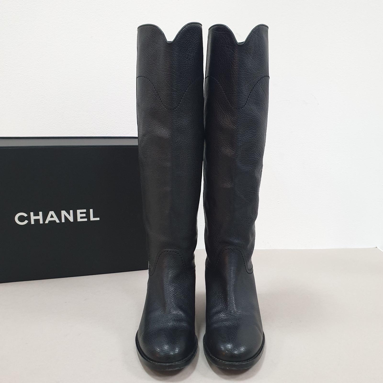 Chanel Black Leather Interlocking CC Logo Riding Midcalf Boots 1