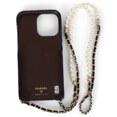 CHANEL black leather IPHONE 13 PRO MAX Case w PEARL STRAP