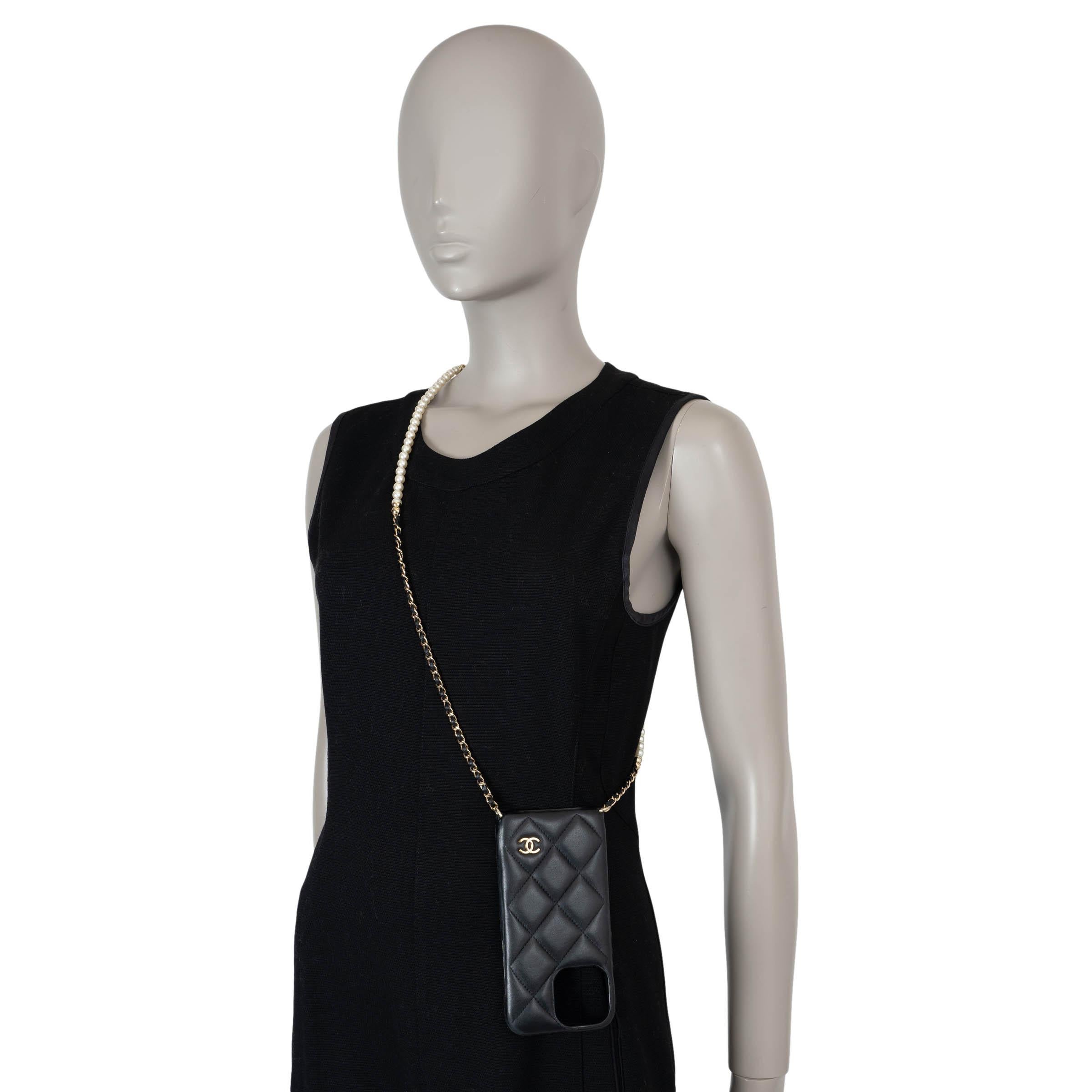 Black CHANEL black leather IPHONE 13 PRO MAX Case w PEARL STRAP For Sale