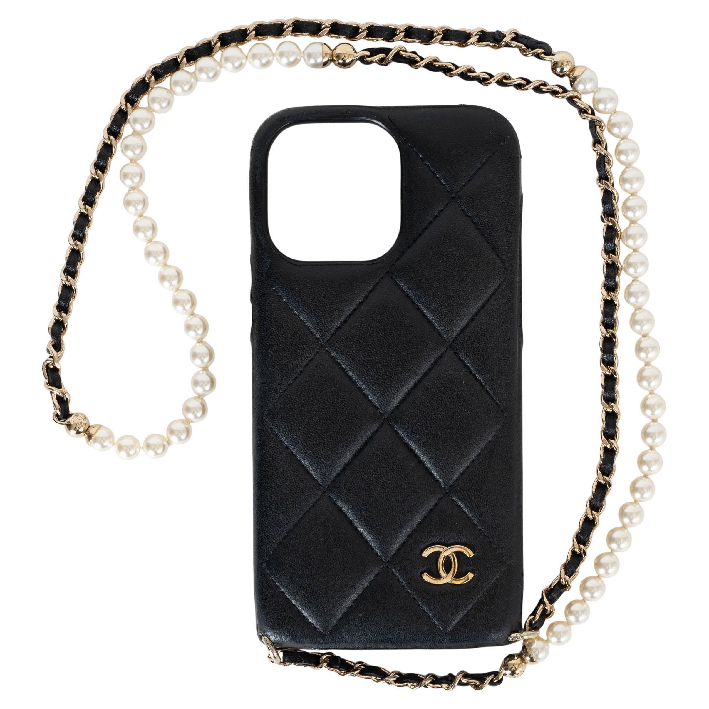 CHANEL black leather IPHONE 13 PRO MAX Case w PEARL STRAP For Sale