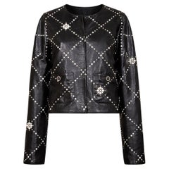 CHANEL Black Leather Jacket with Jewel & Pearls Embellishment 50 FR