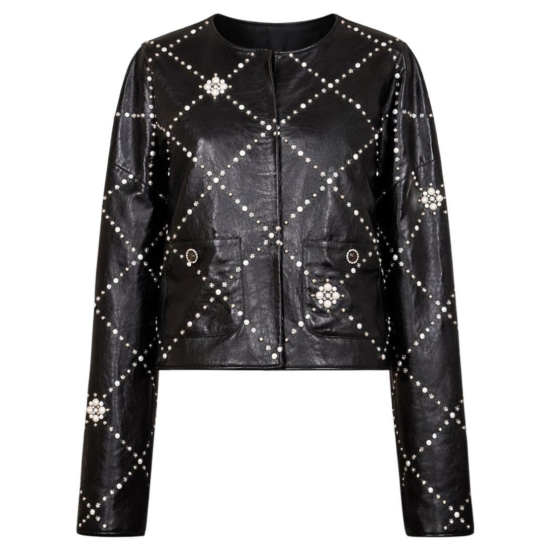 CHANEL Black Leather Jacket with Jewel & Pearls Embellishment 50 FR