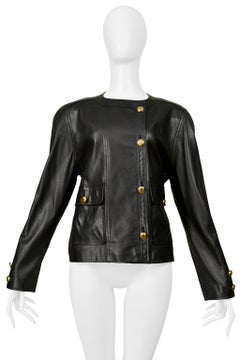 Chanel Black Leather Jacket With Quilted Pockets 1992