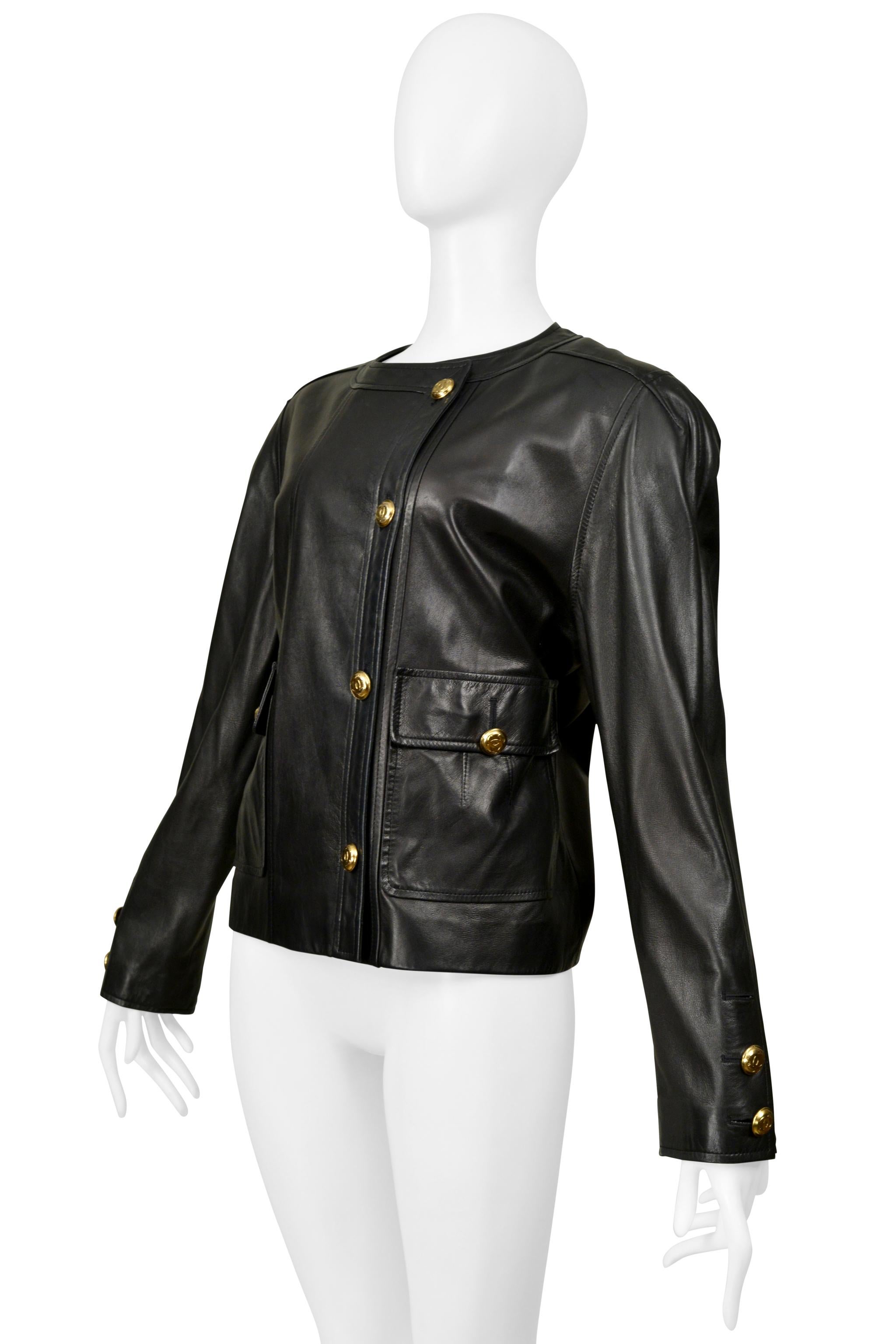 Chanel Chaqueta de piel negra con bolsillos acolchados 1992 en Bueno estado para la venta en Los Angeles, CA
