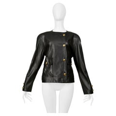 Vintage Chanel Black Leather Jacket With Quilted Pockets 1992