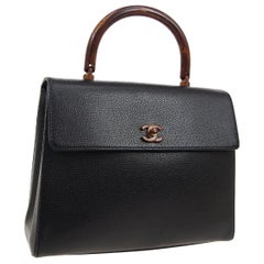 Chanel Black Leather Kelly Brown Tortoise Evening Top Handle