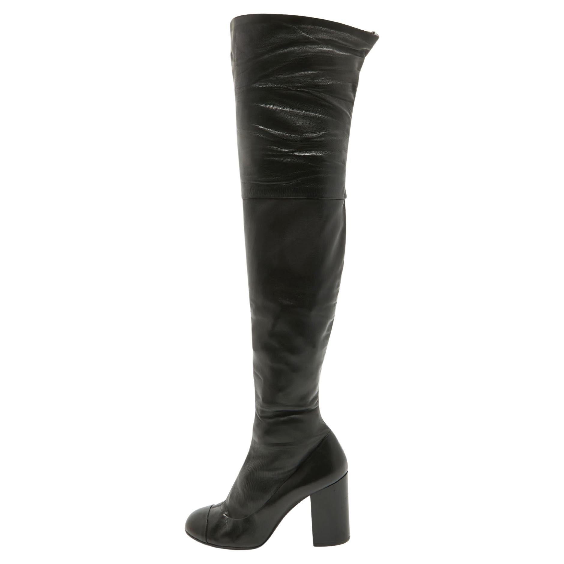 Chanel Black Leather Knee Length Boots Size 39.5 For Sale
