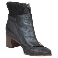 Chanel Black Leather & Knit Ankle Heeled Boots Size IT 37