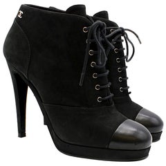 Chanel Black Leather Lace-Up Ankle Boots 38.5
