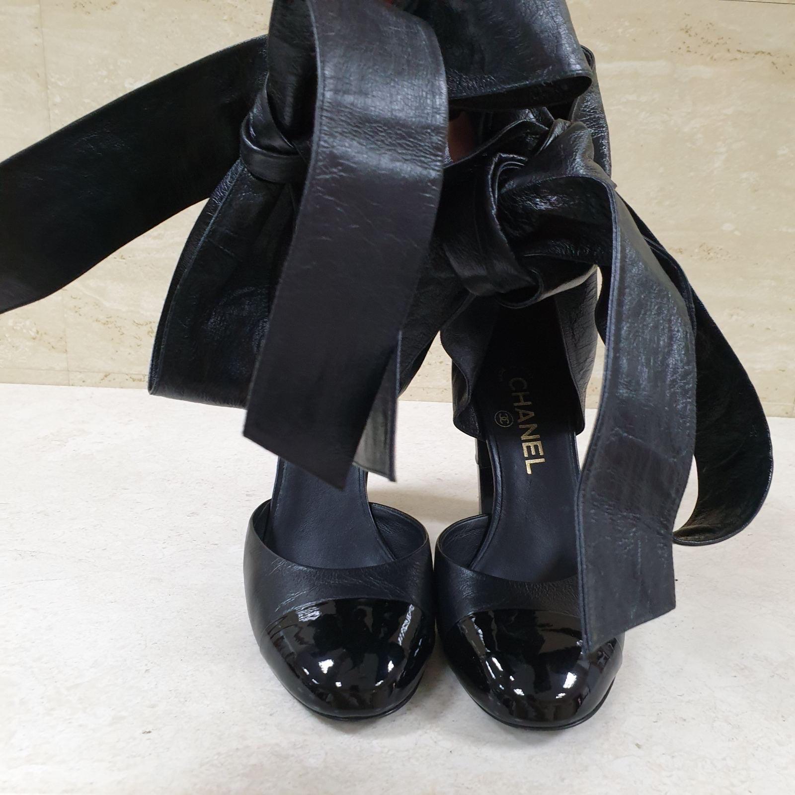 Women's Chanel Black Leather Lace Up Heeled Sandals For Sale