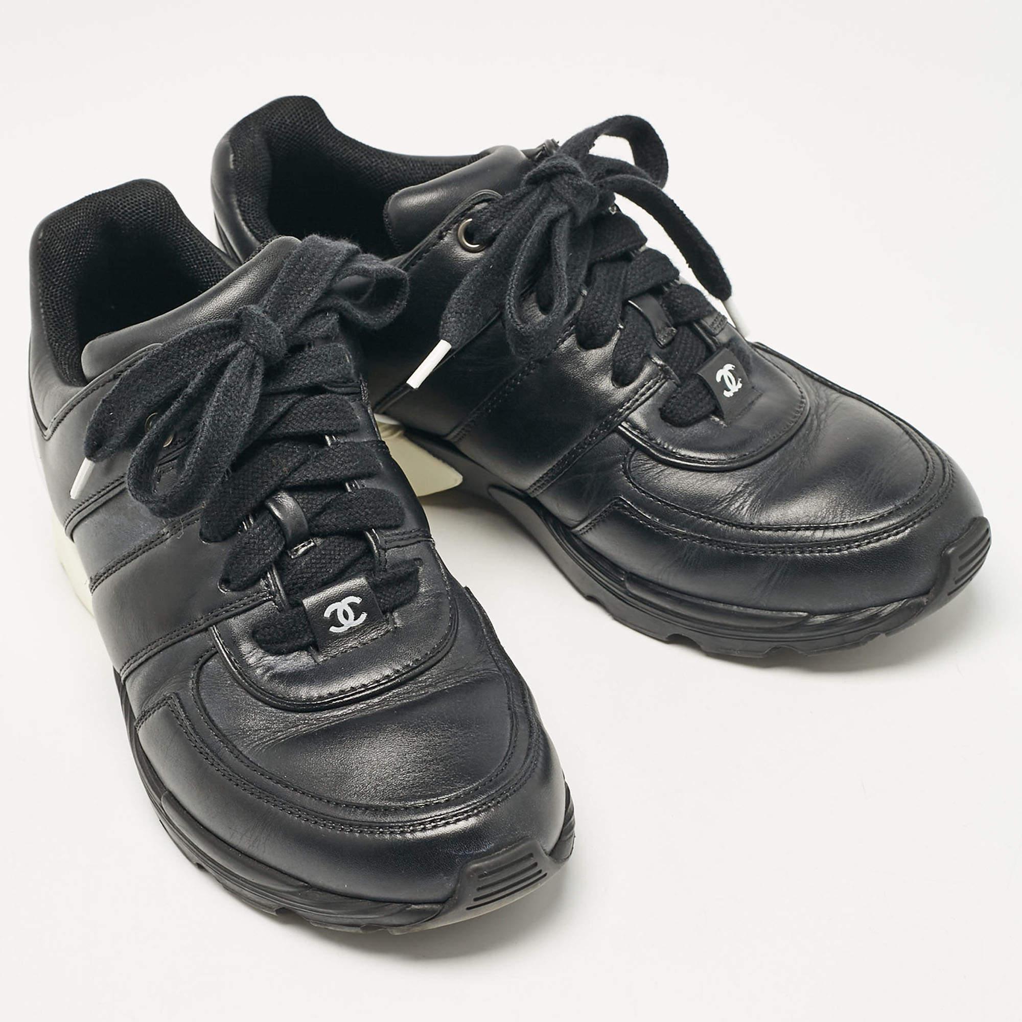 Women's Chanel Black Leather Lace Up Sneakers Size 36.5