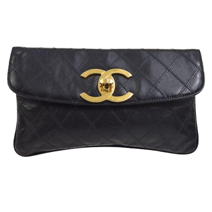 Chanel Black Leather Large Gold CC Charm Envelope Evening Clutch Flap Bag