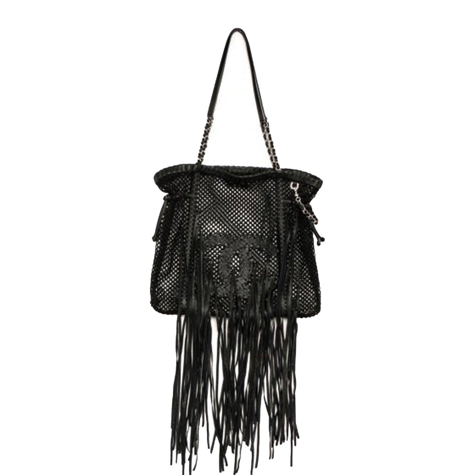 Chanel Black Leather Large Resort Fringe Fishnet Mesh Tote For Sale 6
