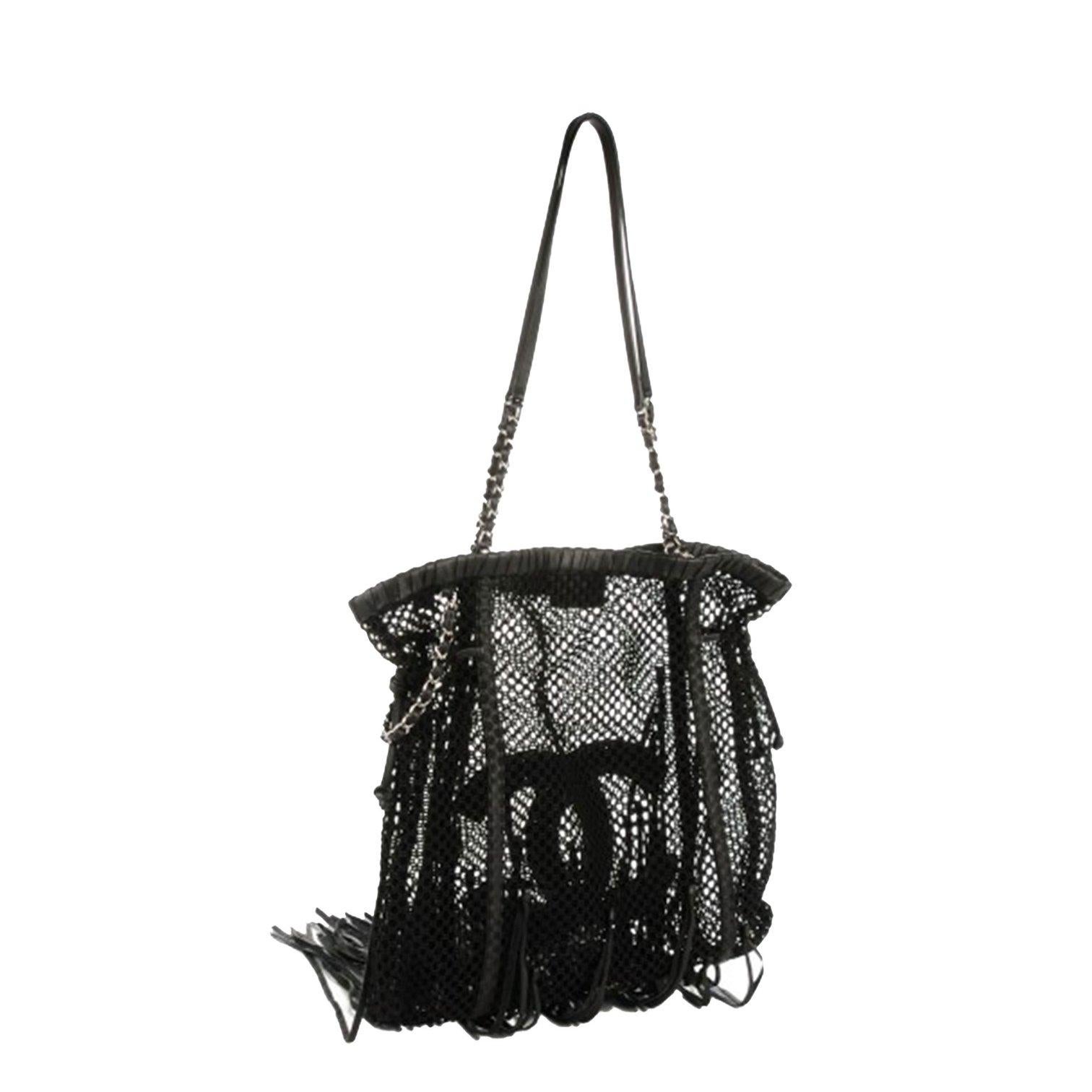 Chanel Black Leather Large Resort Fringe Fishnet Mesh Tote For Sale 3