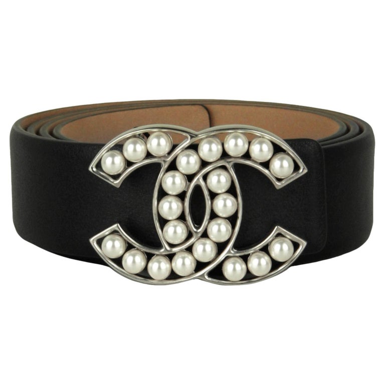 Chanel Black Leather Leather Pearl CC Logo Belt sz 85cm / 34"