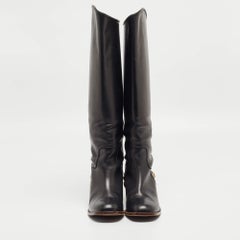 Chanel Black Leather Lion Heel Detail Riding Boots Size 39.5