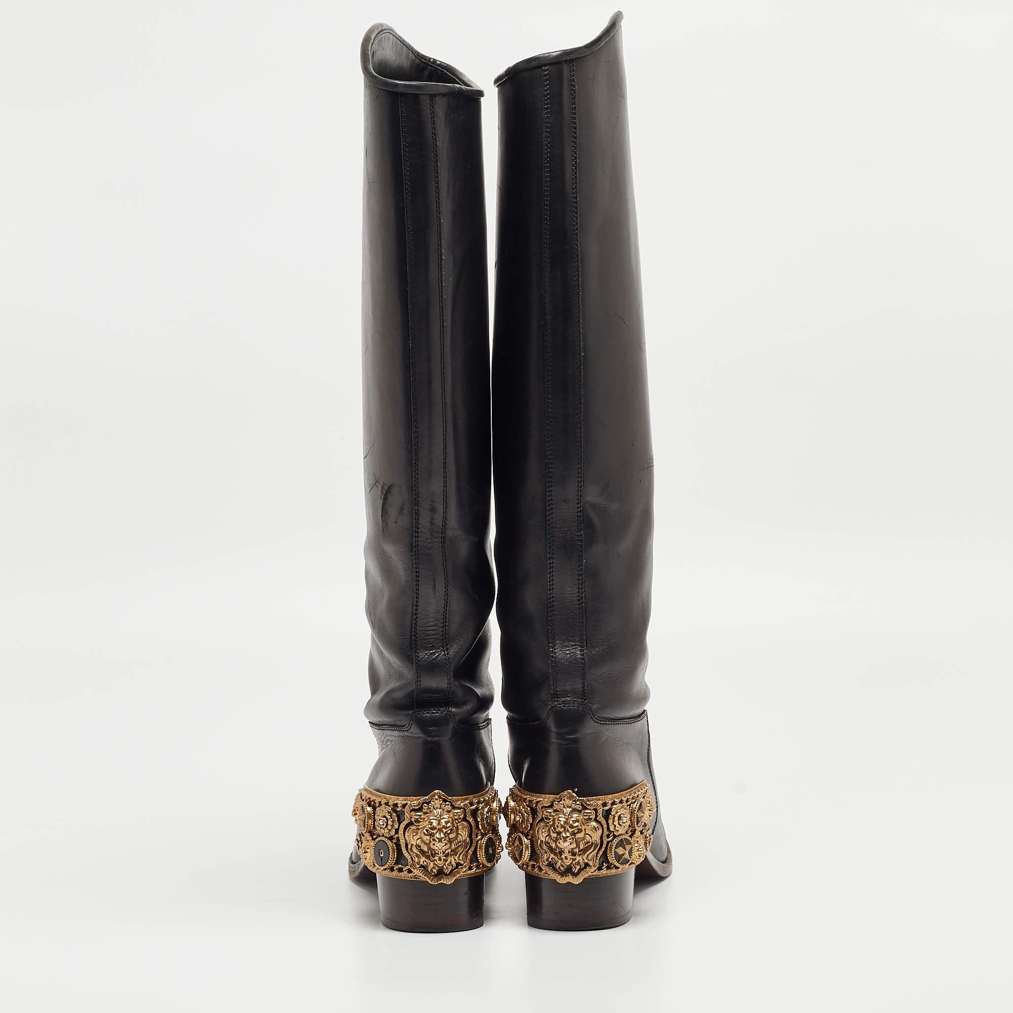 Chanel Black Leather Lion Heel Detail Riding Boots Size 39.5 3