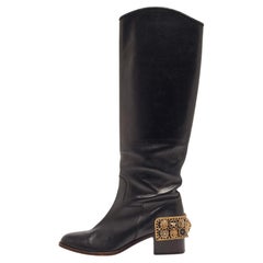 Used Chanel Black Leather Lion Heel Detail Riding Boots Size 39.5