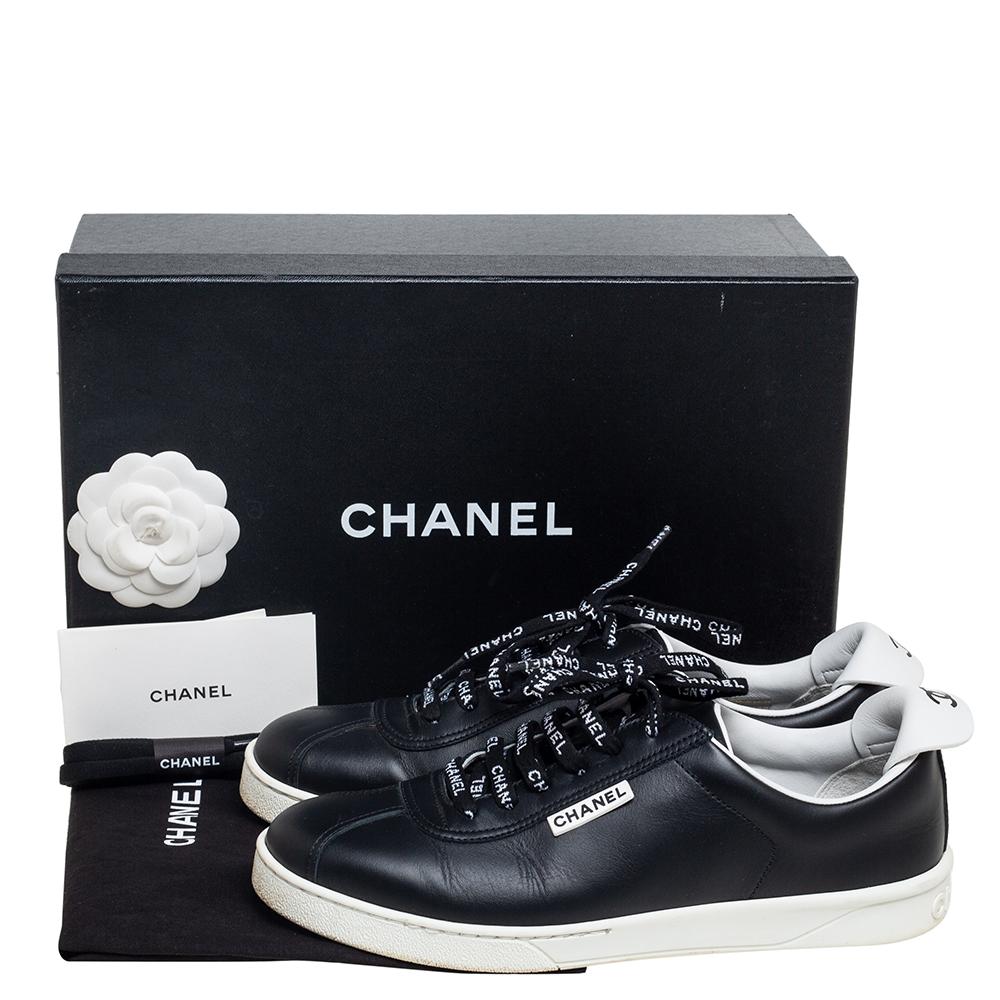 Chanel Black Leather Logo Lace Up CC Low Top Sneakers Size 40 1
