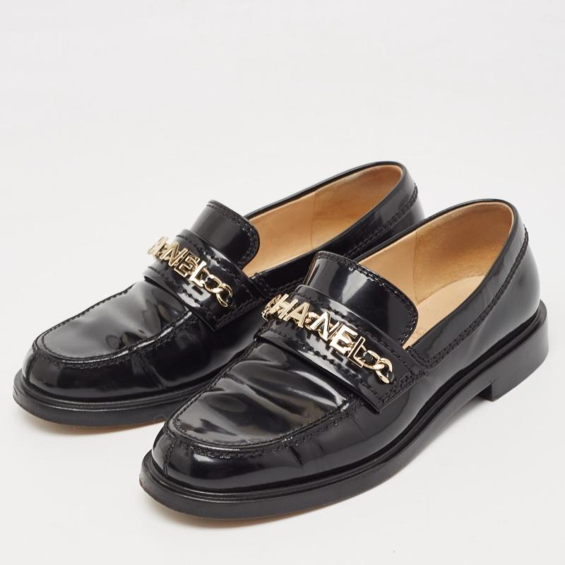 Chanel Black Leather Logo Slip On Loafers Size 36 2