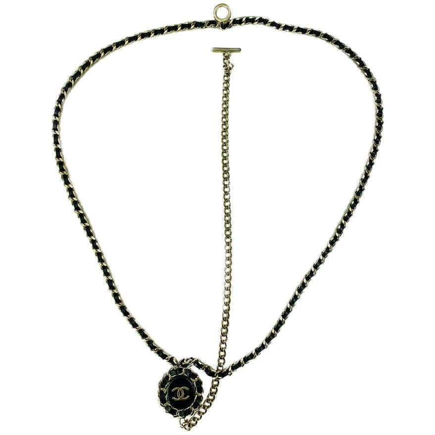 CHANEL Black Leather Long Necklace