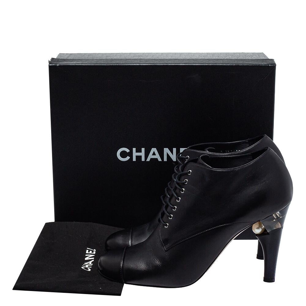 Chanel Black Leather Lucite Pearl Heel Lace Up Ankle Boots Size 42 4