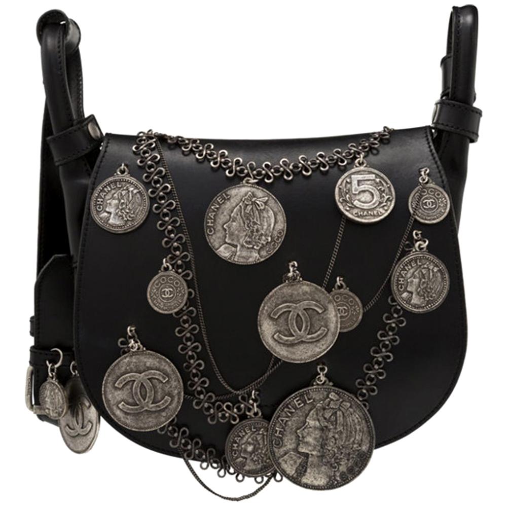 Chanel Black Leather Medallion Coins Saddle Bag