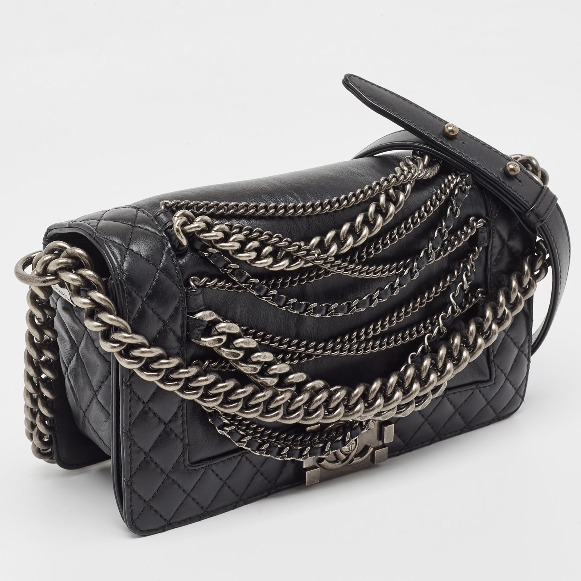 Women's Chanel Black Leather Medium Enchained Boy Flap Bag