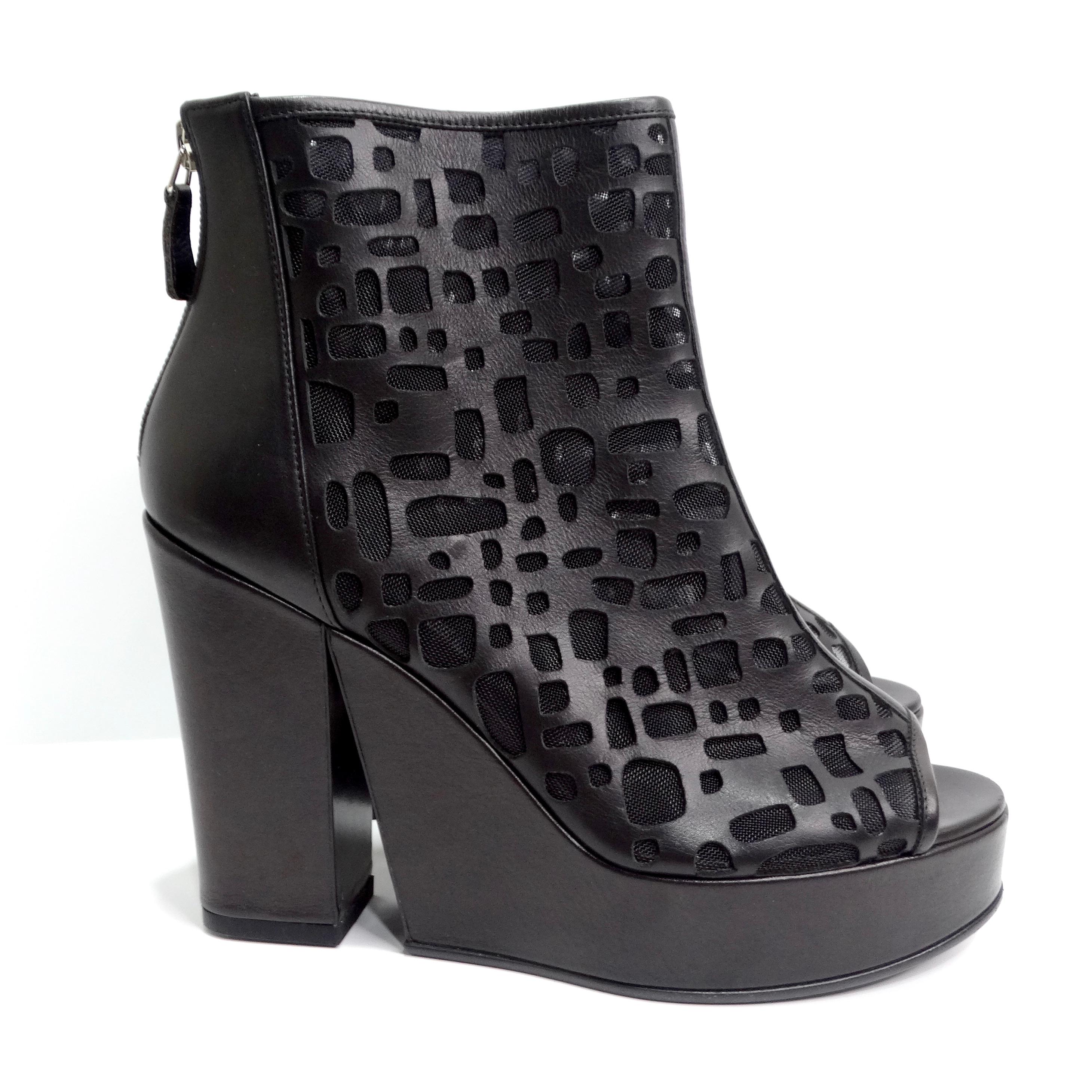 Women's or Men's Chanel Black Leather Mesh Cut-Out Peep Toe Platform Ankle Boots For Sale