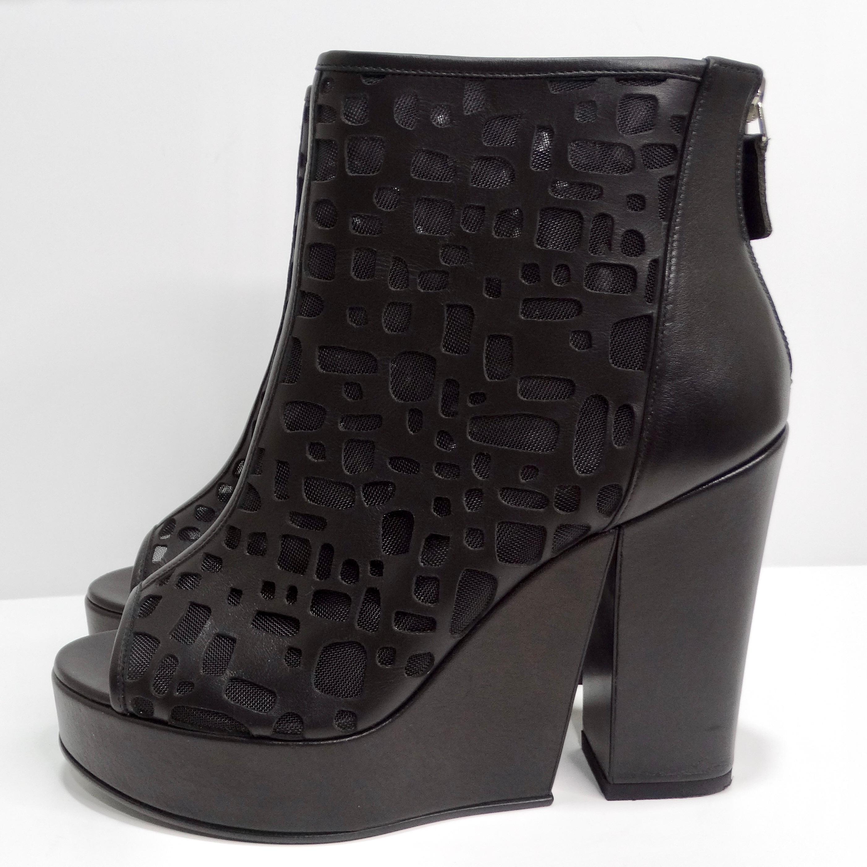 Chanel Black Leather Mesh Cut-Out Peep Toe Platform Ankle Boots For Sale 4