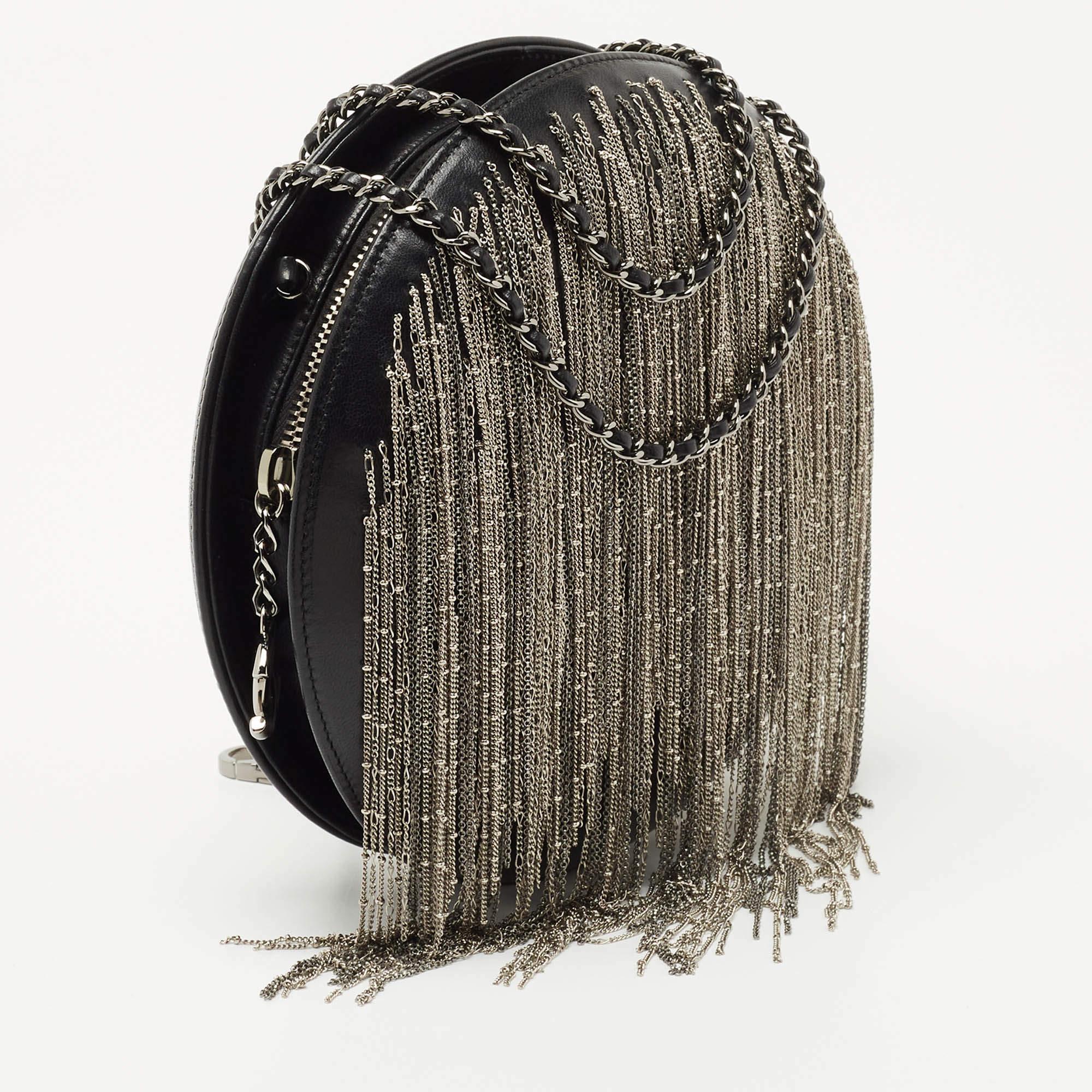 Women's Chanel Black Leather Metal Fringe Round Chain Clutch