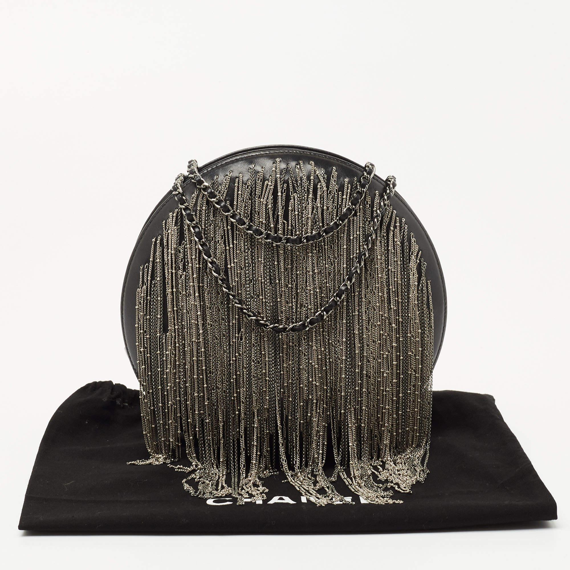 Chanel Black Leather Metal Fringe Round Chain Clutch 3